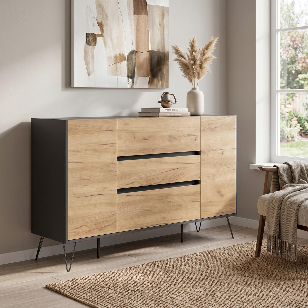 SIDEBOARD Posseik Industrial 155/93,6/42 cm 3 Schublade(n)  - Eichefarben/Graphitfarben, Design, Holzwerkstoff/Metall (155/93,6/42cm) - MID.YOU