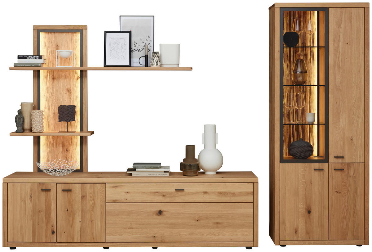 WOHNWAND  in Dunkelgrau, Wildeiche 301/202/45 cm  - Wildeiche/Dunkelgrau, Design, Glas/Holz (301/202/45cm) - Valnatura