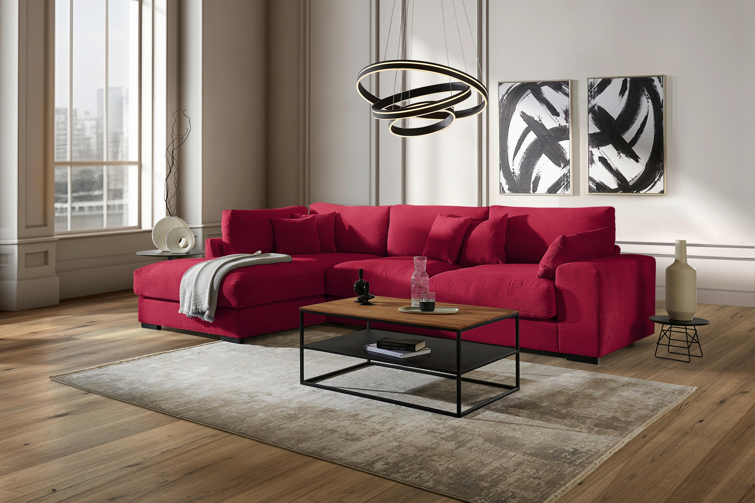 ECKSOFA Rot Cord  - Rot/Schwarz, Design, Kunststoff/Textil (205/340cm) - Lomoco