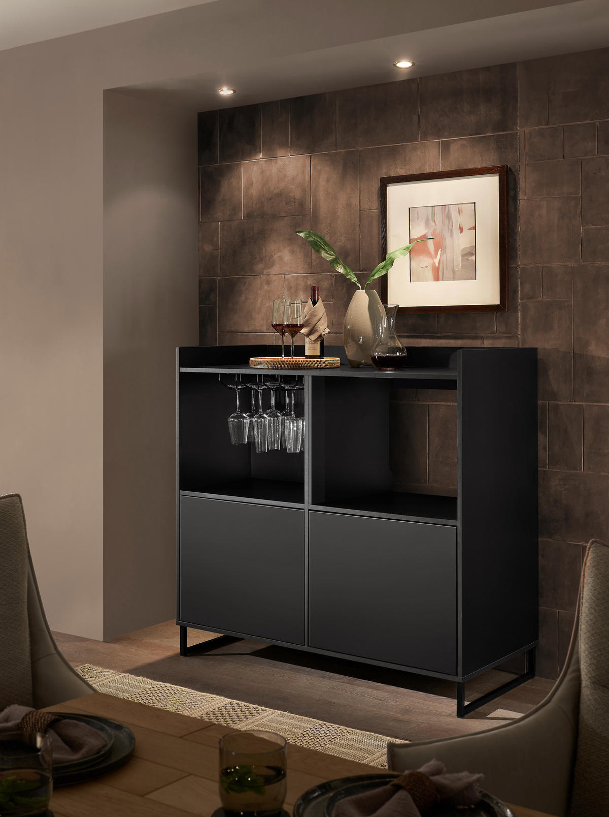 SIDEBOARD Mosel Weinschrank 125/120/58 cm  - Schwarz, KONVENTIONELL, Holzwerkstoff/Metall (125/120/58cm) - Carryhome