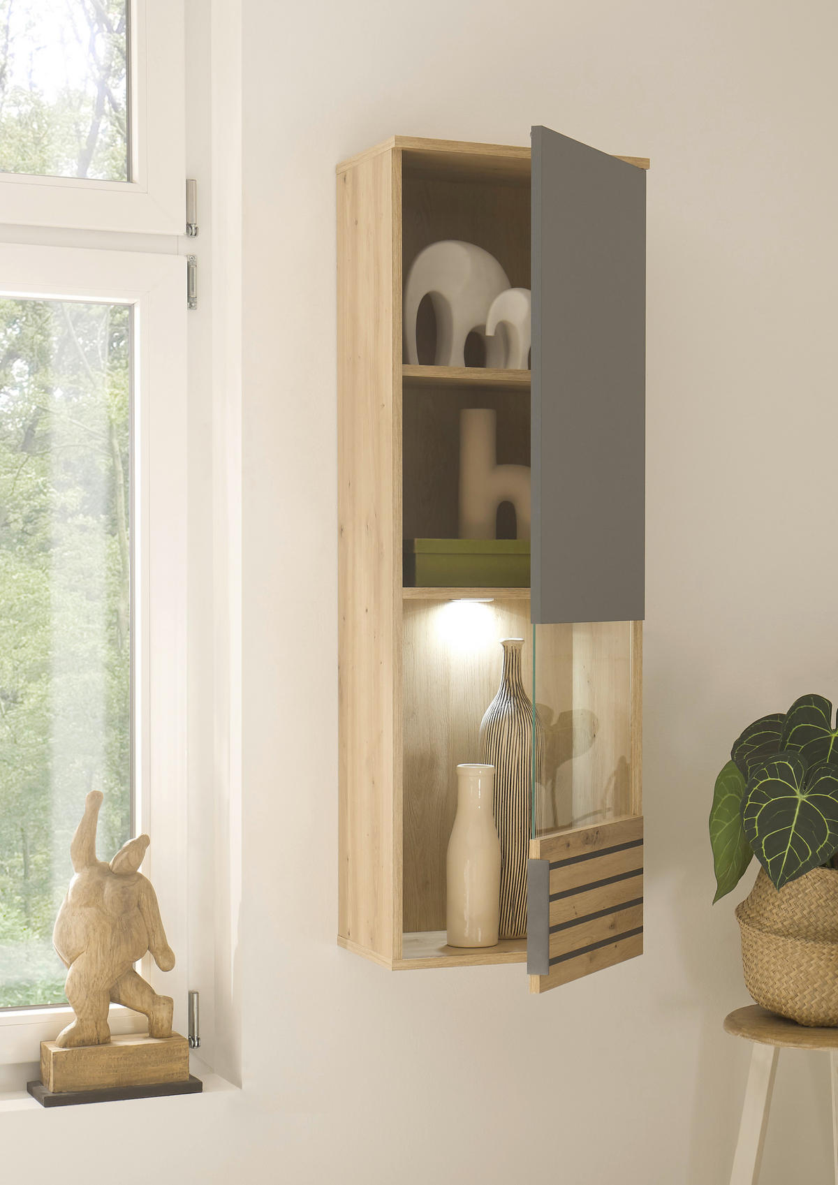 HÄNGEVITRINE in Eiche Artisan, Grau  - Eiche Artisan/Grau, Design, Glas/Holzwerkstoff (40/122/30cm) - MID.YOU