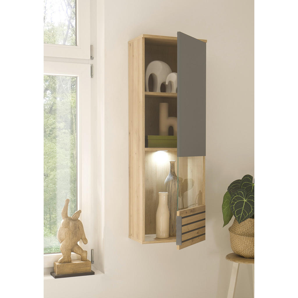 Thumbnail - Mid.you Hängevitrine, Eiche Artisan, Grau, Glas, Holzwerkstoff, 1 Fächer, 40x122x30 cm, Made in EU, Beimöbel erhältlich,...