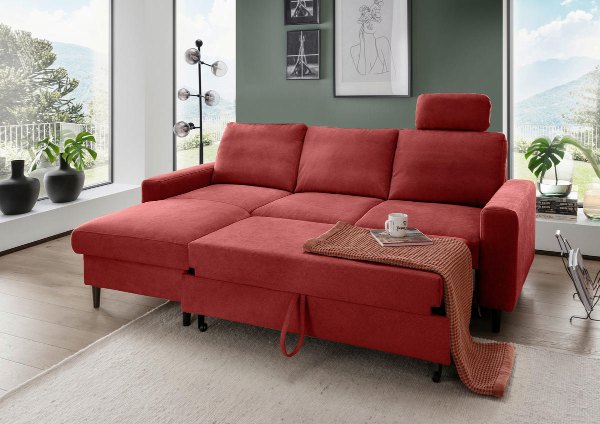 ECKSCHLAFSOFA in Chenille Rot  - Rot/Schwarz, Modern, Holz/Textil (147/234cm) - Livetastic