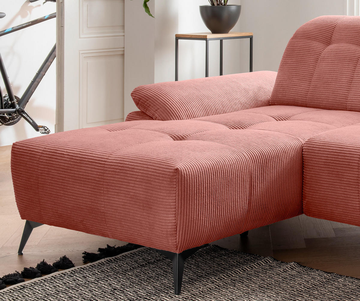 ECKSOFA FIORE Koralle Cord Kopfteilverstellung, Sitzvorzug  - Koralle/Schwarz, MODERN, Textil/Metall (180/280cm) - Livetastic