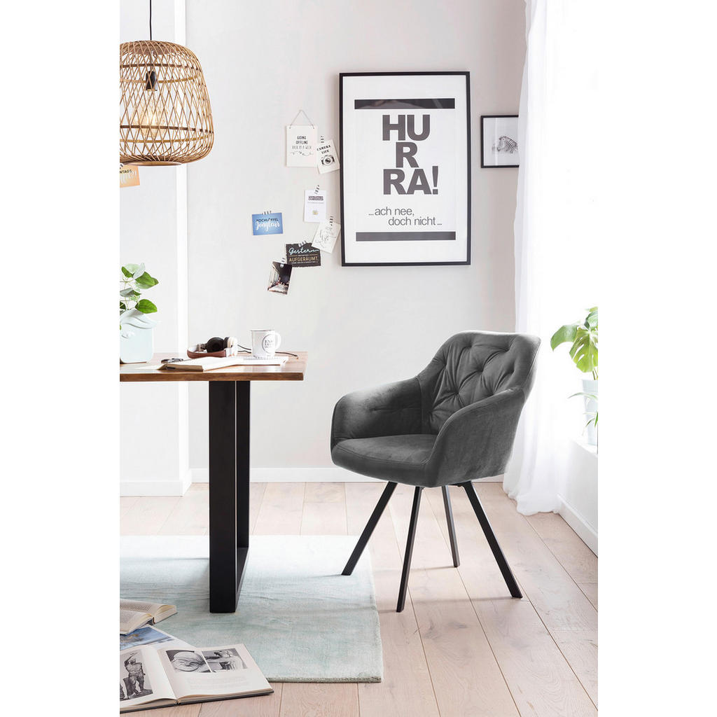 Thumbnail - Livetastic Tischgruppe, Grau, Walnuss, Holz, Metall, Textil, Akazie, massiv, rechteckig, Flachrohr, 90x75x180 cm, Esszim...