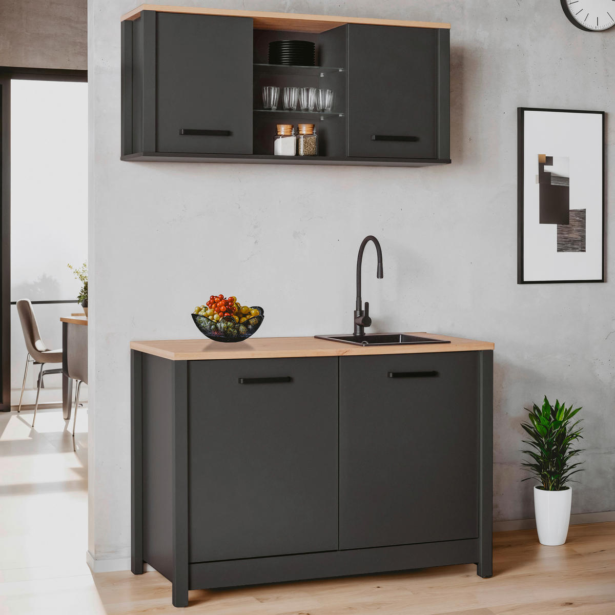 SPÜLENUNTERSCHRANK 130,3/92/60 cm  in Anthrazit, Eiche Artisan  - Anthrazit/Schwarz, MODERN, Holzwerkstoff/Metall (130,3/92/60cm) - home24