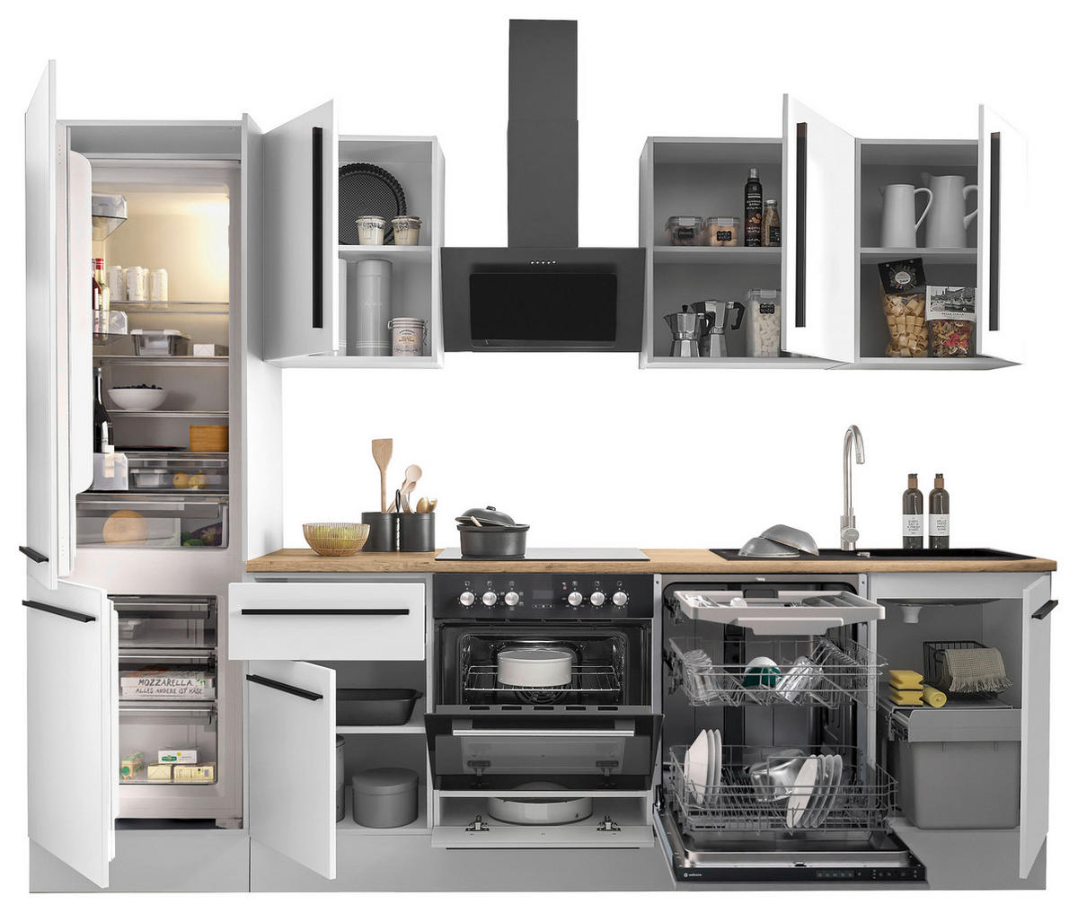 KÜCHENBLOCK 280 cm   in Weiß, Eichefarben  - Eichefarben/Schwarz, Design, Holzwerkstoff/Kunststoff (280cm) - MID.YOU