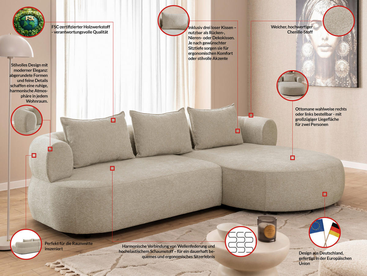 ECKSOFA in Chenille Beige  256/156 cm  - Beige/Schwarz, Design, Kunststoff/Textil (256/156cm) - Livetastic