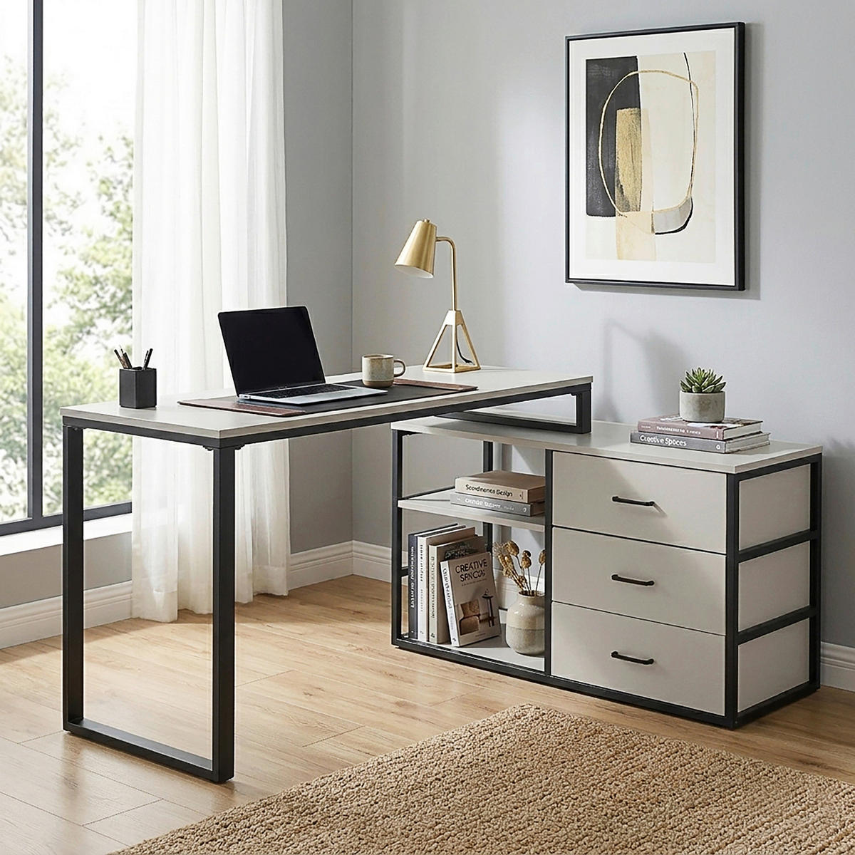 SAROKÍRÓASZTAL  - kasmírszínű/fekete, Modern, faalapú anyag/fém (140/100/75cm) - Livetastic