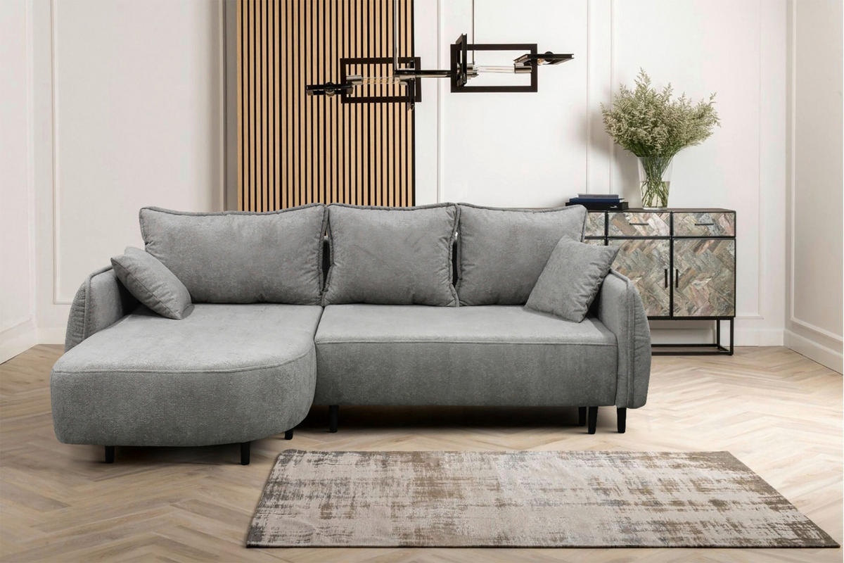 ECKSOFA MURANO Grau Chenille Zierkissen, Rückenkissen, Bettkasten  - Schwarz/Grau, Design, Holz/Textil (167/242cm) - MID.YOU