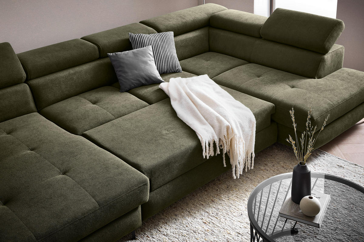 WOHNLANDSCHAFT inkl. Funktion Dunkelgrün Flachgewebe  - Dunkelgrün/Schwarz, MODERN, Textil/Metall (180/333/206cm) - Stylife