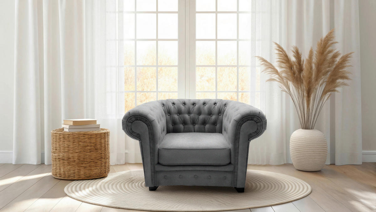 CHESTERFIELD-SESSEL CHESTERFIELD Flachgewebe Grau  - Schwarz/Grau, KONVENTIONELL, Holz/Textil (91/72/92cm) - Livetastic