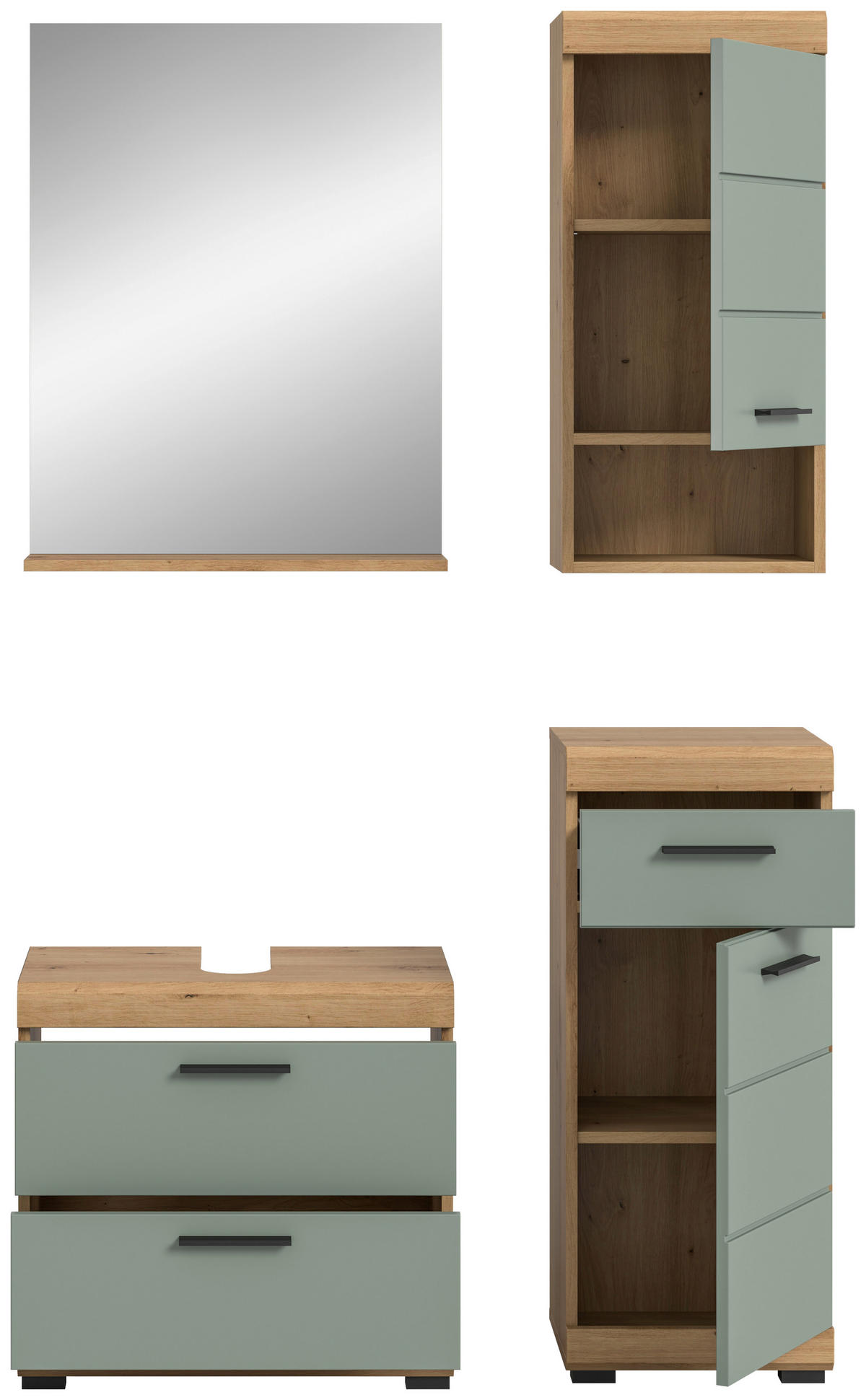 BADEZIMMER 4-teilig  in 134 cm  - Salbeigrün/Schwarz, MODERN, Glas/Holzwerkstoff (134cm) - MID.YOU