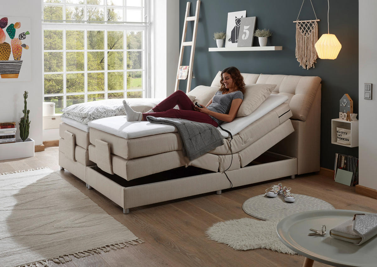 BOXSPRINGBETT 180/200 cm,  in Creme, Matratze, Bettkasten, Topper, motorische Verstellbarkeit, H2 = mittel  - Silberfarben/Creme, Design, Kunststoff/Textil (180/200cm) - Esposa