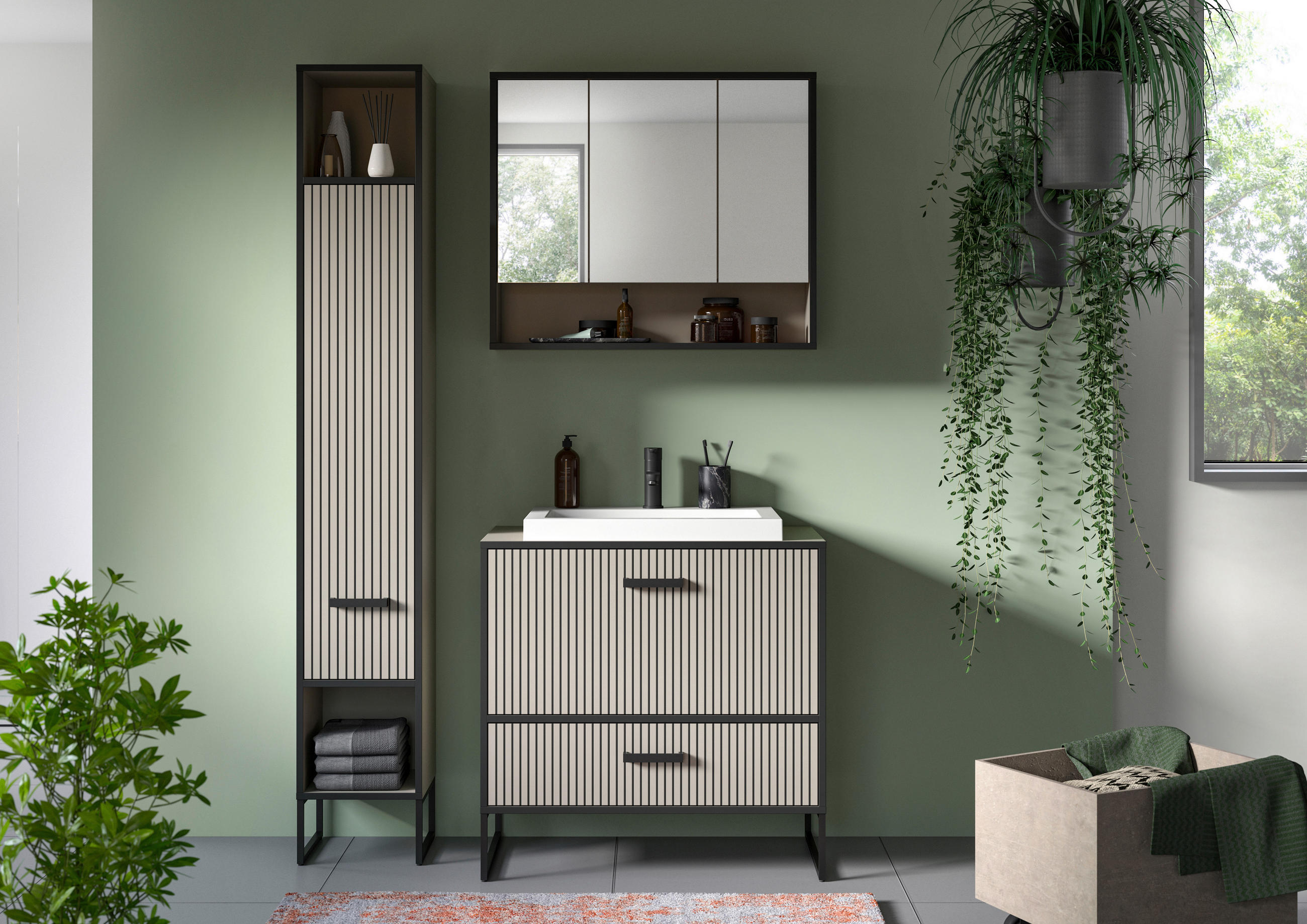 BADEZIMMER 3-teilig in 110 cm - Schwarz, MODERN, Holzwerkstoff/Metall (110cm) - MID.YOU