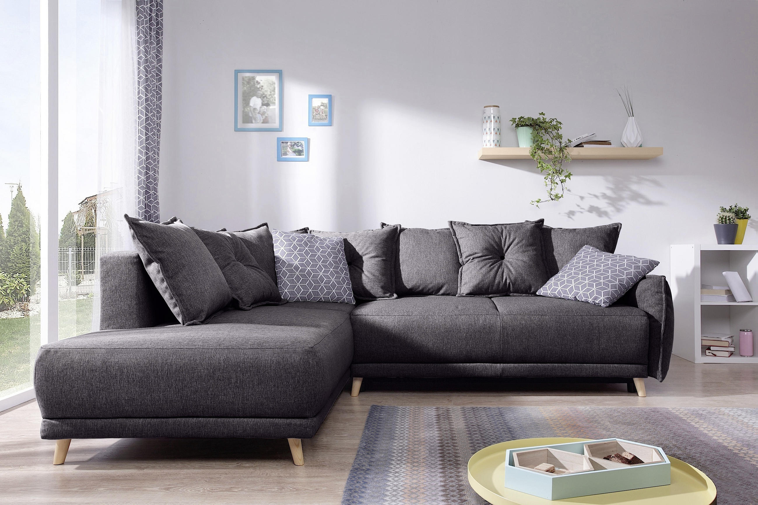 ECKSCHLAFSOFA Dunkelgrau Webstoff - Dunkelgrau/Hellgrau, Basics, Holz/Textil (190/235cm) - MID.YOU