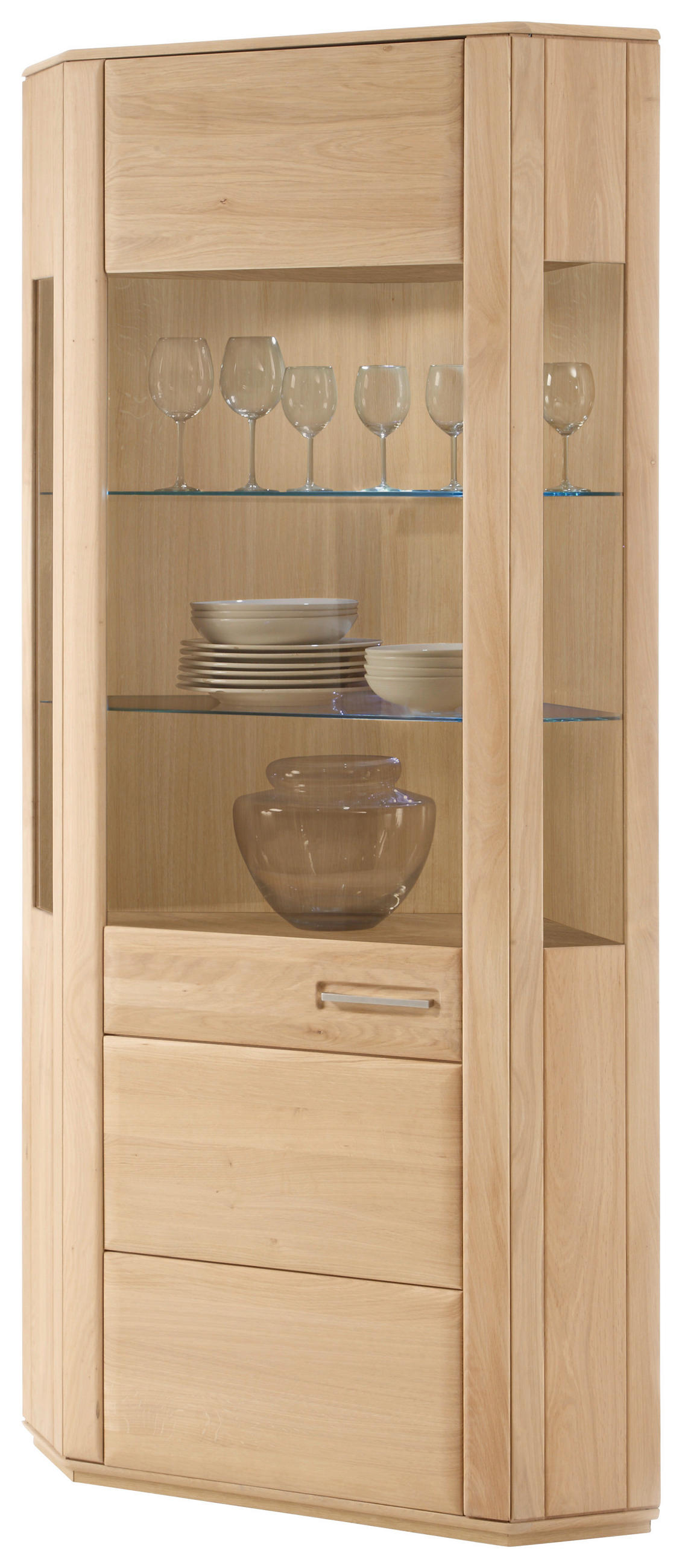 ECKVITRINE  in furniert, teilmassiv Eiche Eichefarben - Eichefarben/Silberfarben, Design, Glas/Holz (69/209/69cm) - Livetastic