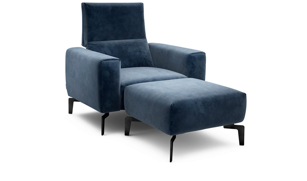 Sessel inkl. Hocker in Samt Dunkelblau  - Schwarz/Dunkelblau, Design, Textil/Metall (110/85/86-94cm) - SENSOO