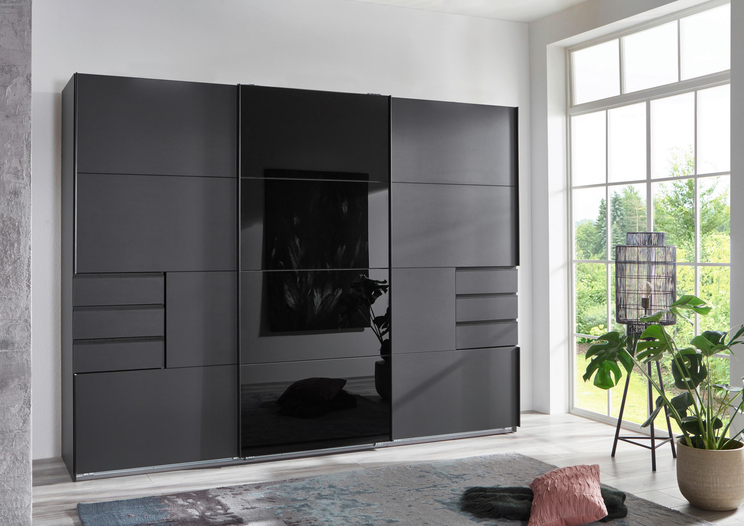 SCHWEBETÜRENSCHRANK 270/210/64 cm 3-türig - Graphitfarben/Schwarz, KONVENTIONELL, Glas/Holzwerkstoff (270/210/64cm) - MID.YOU