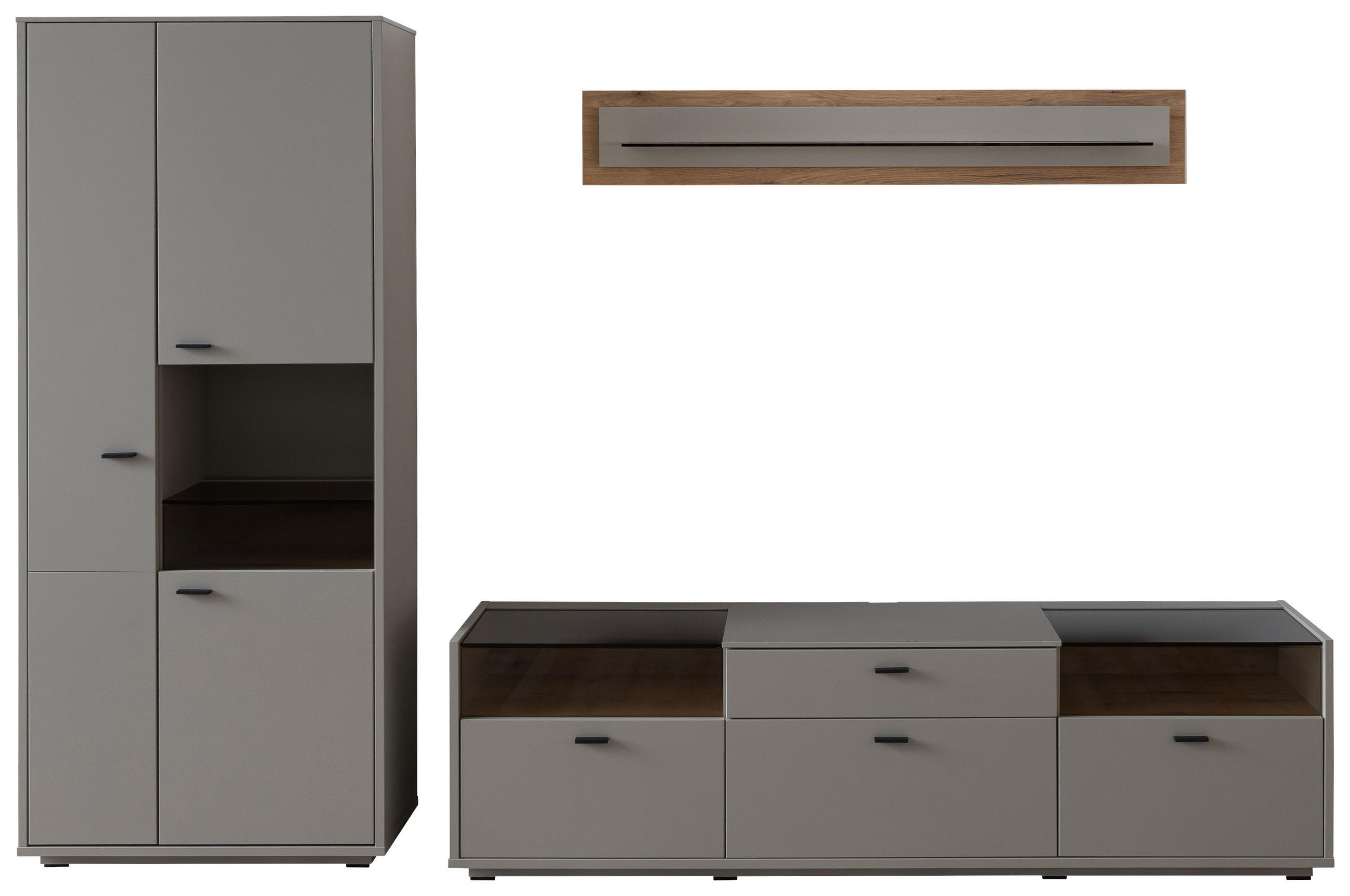 REGAL ZA DNEVNI BORAVAK siva, boje hrasta   - siva/boje hrasta, Design, staklo/drvni materijal (301/200/44cm) - Stylife