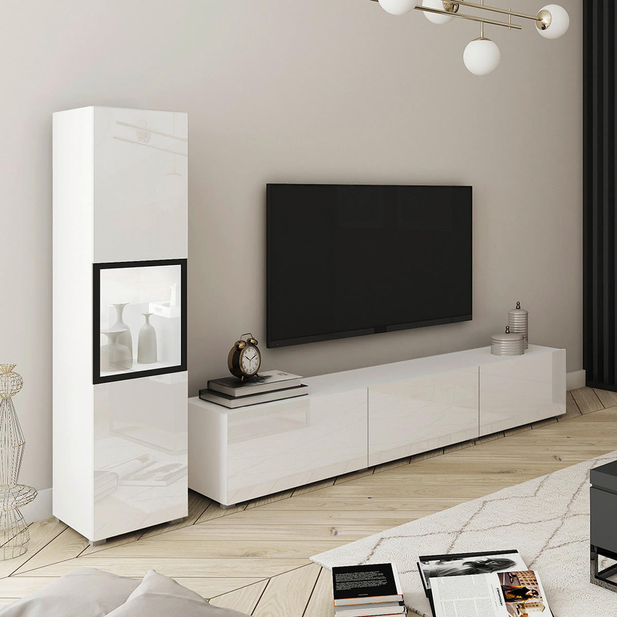 WOHNWAND 2-teilig  Weiss, Weiss Hochglanz 210/130/32,5 cm  - Weiss Hochglanz/Weiss, Design, Glas/Holzwerkstoff (210/130/32,5cm) - P & B