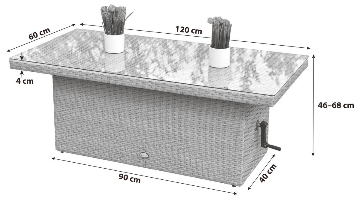 GARTENTISCH 120/60/46-68 cm Metall, Kunststoff rechteckig  - Grau, MODERN, Glas/Kunststoff (120/60/46-68cm) - Gardenson