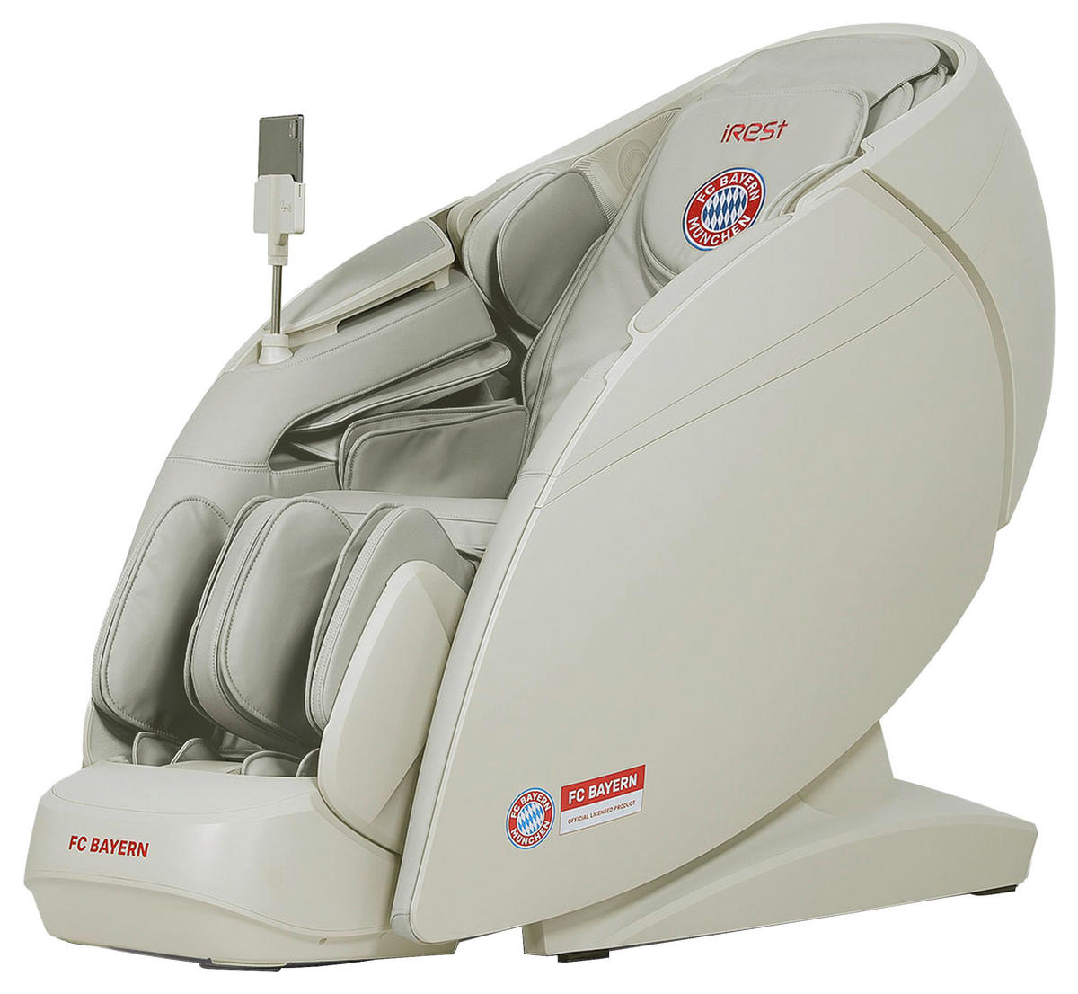 MASSAGESESSEL FC BAYERN MÜNCHEN  mit Lederlook Weiß, Beige integrierte Lautsprecher, Relaxfunktion, Liegefunktion, Sitzheizung, Netzbetrieb, Massagefunktion, Herz-Waage-Funktion, integrierter Akku, abwischbar, ausziehbare Fußstütze, Bluetooth-Lautsprecher, Rückenlehne in S-Form  - Beige/Weiß, KONVENTIONELL, Kunststoff/Textil (86/130/169-190cm) - Welnova