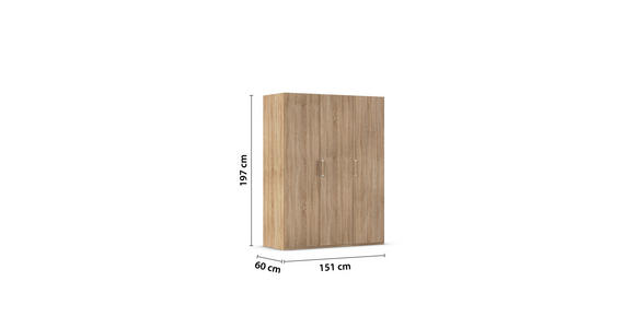 DREHTÜRENSCHRANK 151/197/60 cm 3-türig Sonoma Eiche - Silberfarben/Sonoma Eiche, Design, Holzwerkstoff/Kunststoff (151/197/60cm) - Novel