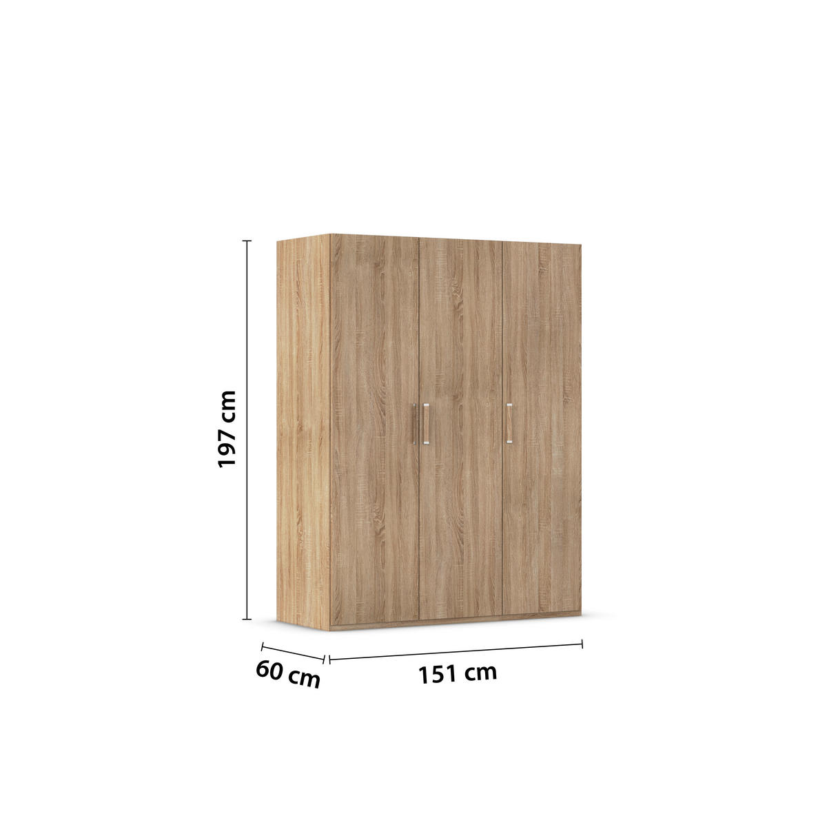 DREHTÜRENSCHRANK 151/197/60 cm 3-türig Sonoma Eiche  - Silberfarben/Sonoma Eiche, Design, Holzwerkstoff/Kunststoff (151/197/60cm) - Novel