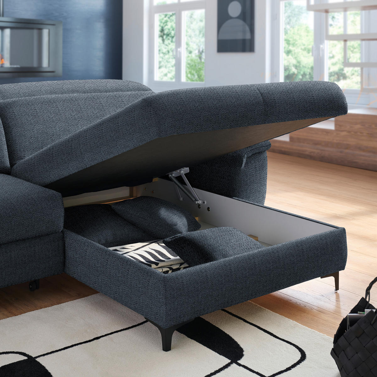ECKSOFA in Chenille Dunkelblau  - Schwarz/Dunkelblau, Design, Textil/Metall (185/256cm) - Stylife
