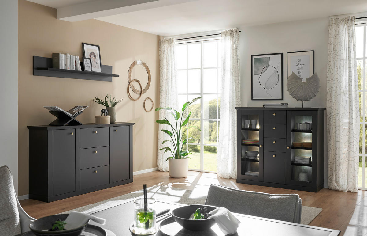 HIGHBOARD  129/118/42 cm 3 Schublade(n)  - Eichefarben/Schwarz, Design, Holzwerkstoff (129/118/42cm) - MID.YOU