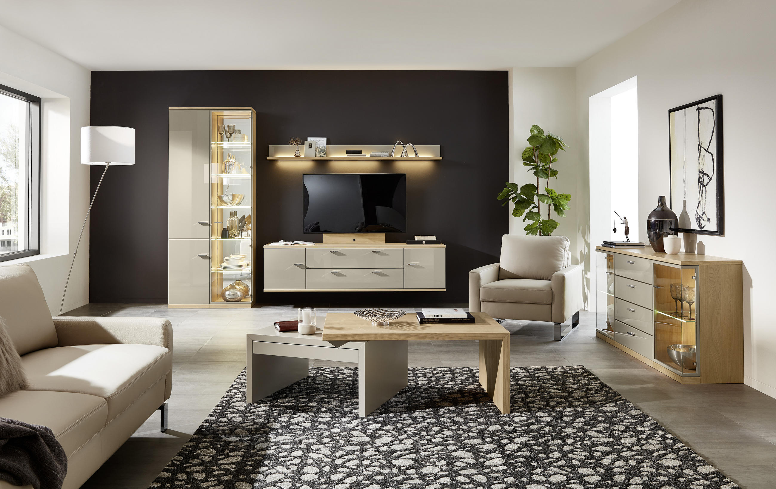 WOHNWAND  in Eichefarben, Sandfarben, Platinfarben  300/218,3/48,7 cm  - Sandfarben/Platinfarben, Design, Glas/Holz (300/218,3/48,7cm) - Invivus