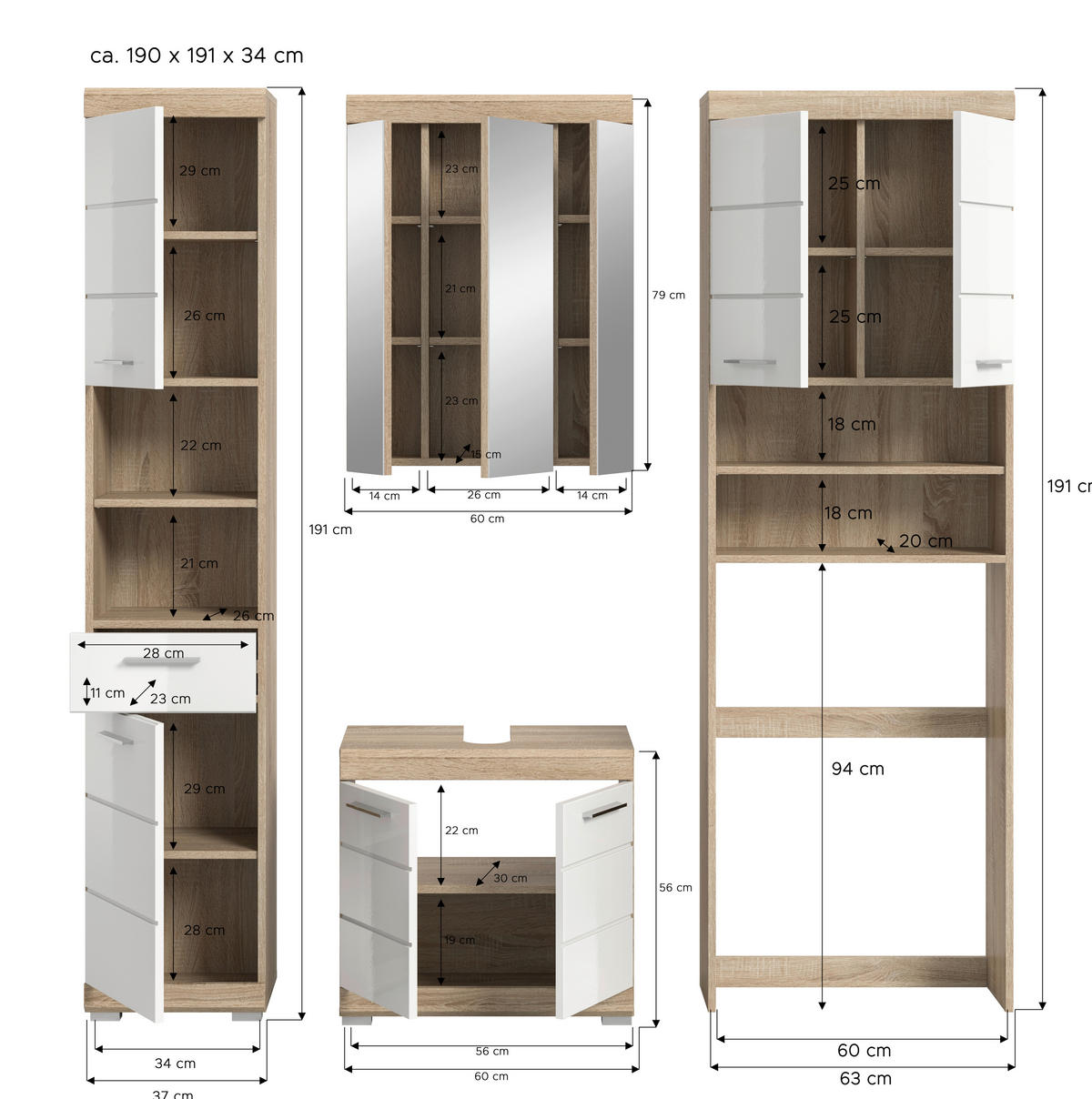 BADEZIMMER 4-teilig  in 160,2 cm  - Weiß Hochglanz/Silberfarben, MODERN, Glas/Holzwerkstoff (160,2cm) - MID.YOU