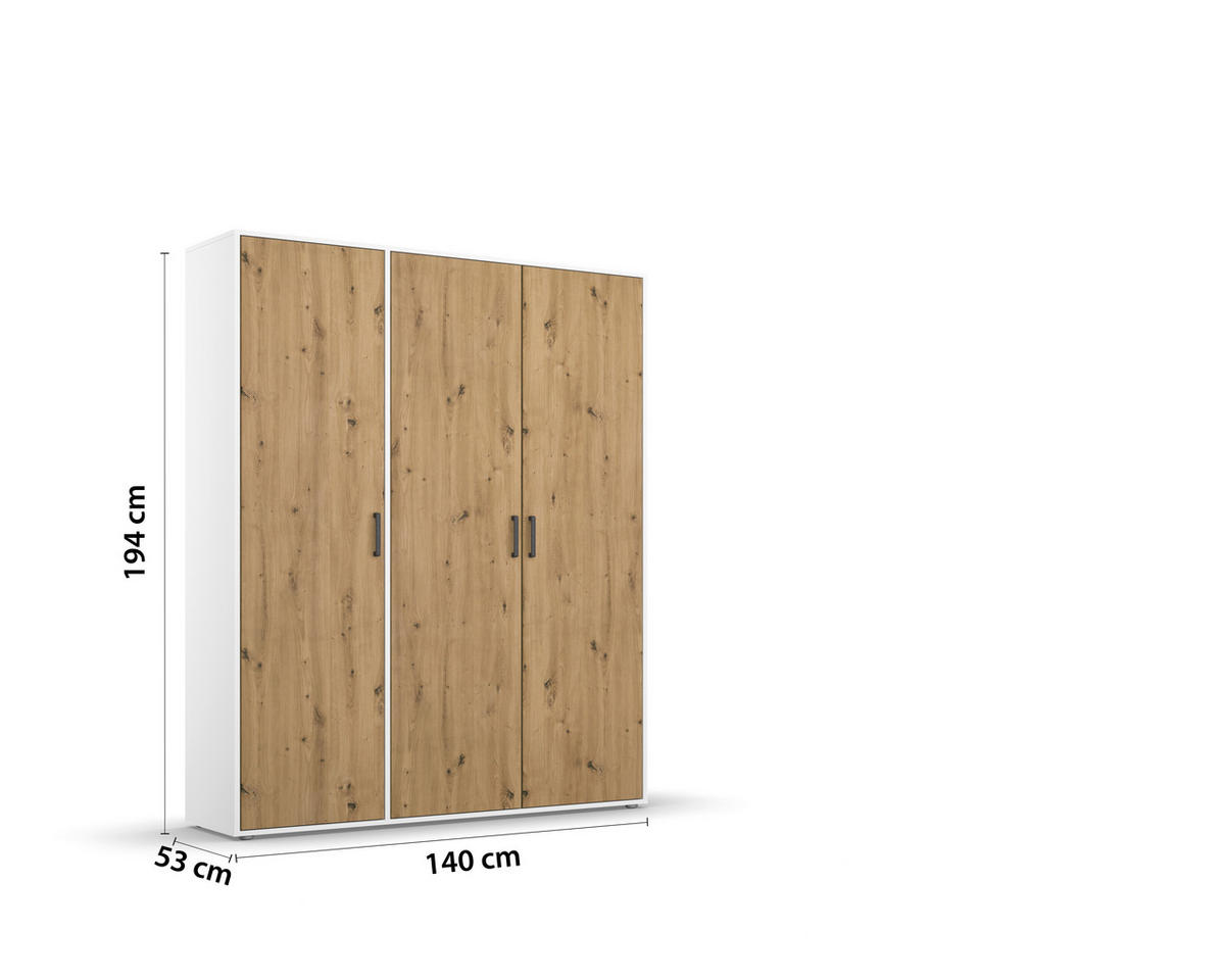 DREHTÜRENSCHRANK 140/194/53 cm 3-türig Weiß, Eiche Artisan  - Eiche Artisan/Weiß, MODERN, Holzwerkstoff/Kunststoff (140/194/53cm) - Rauch Möbel