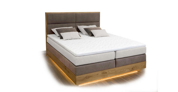 BOXSPRINGBETT Webstoff 180/200 cm INKL. Beleuchtung, Topper - Eichefarben/Beige, Design, Holz/Textil (180/200cm) - Linea Natura