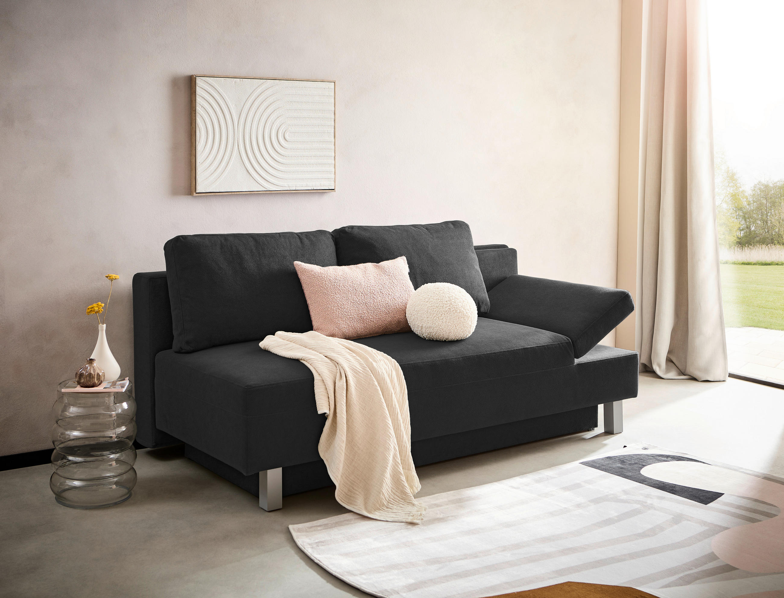 SCHLAFSOFA in Flachgewebe Schwarz  - Chromfarben/Schwarz, Design, Holz/Textil (205/77-93/99cm) - Novel