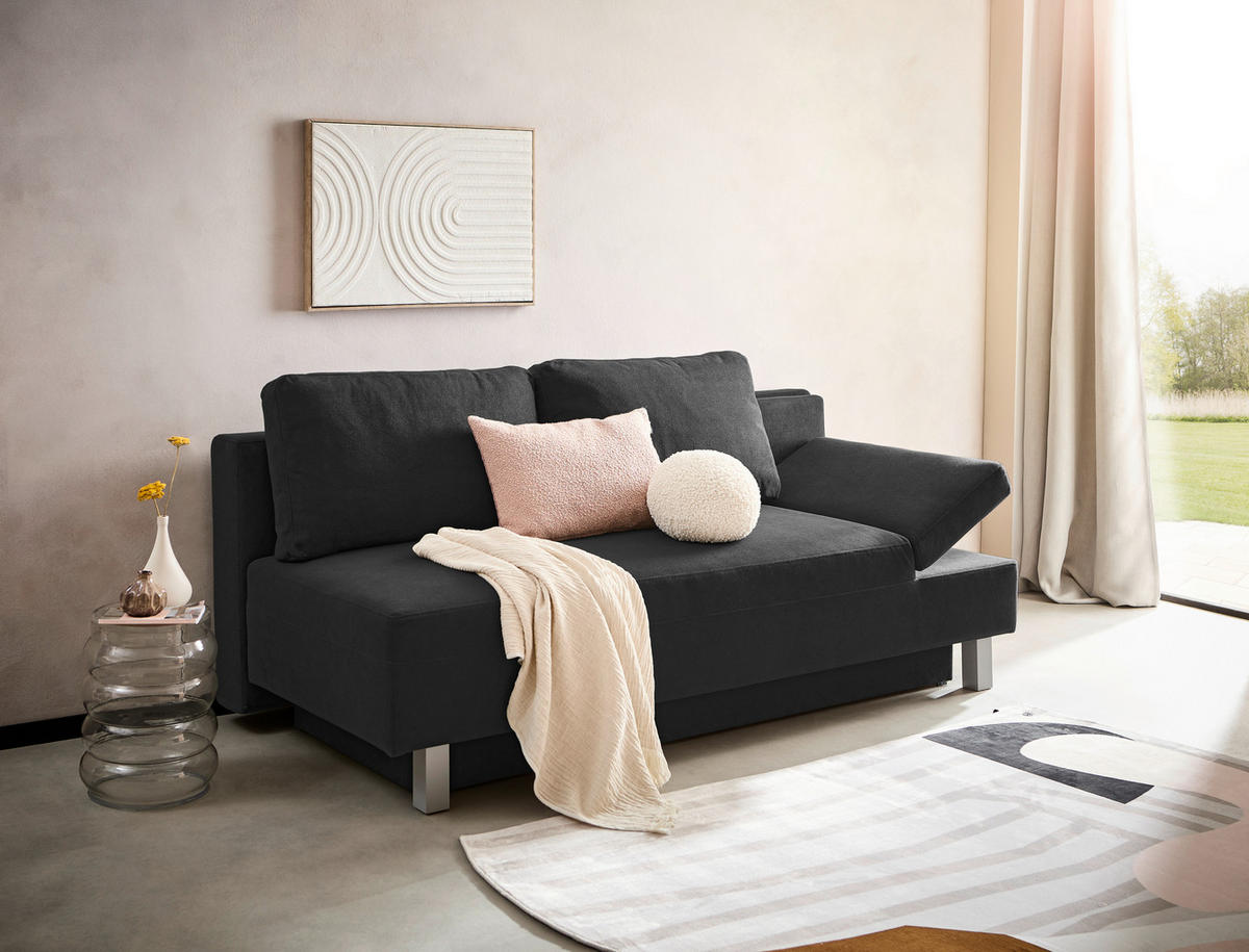 SCHLAFSOFA  mit Stoffauswahl, Schlafen auf Sitzhöhe, Armteil rechts Flachgewebe Schwarz  - Chromfarben/Schwarz, Design, Holz/Textil (205/77-93/99cm) - Novel