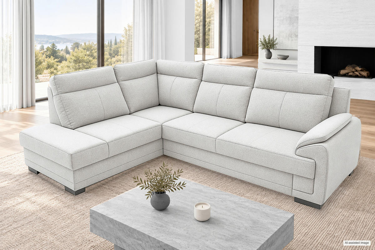 ECKSOFA ALTONA Hellgrau Flachgewebe Bettkasten, Schlaffunktion, Stauraum  - Hellgrau/Schwarz, Basics, Holz/Kunststoff (272/207cm) - MID.YOU