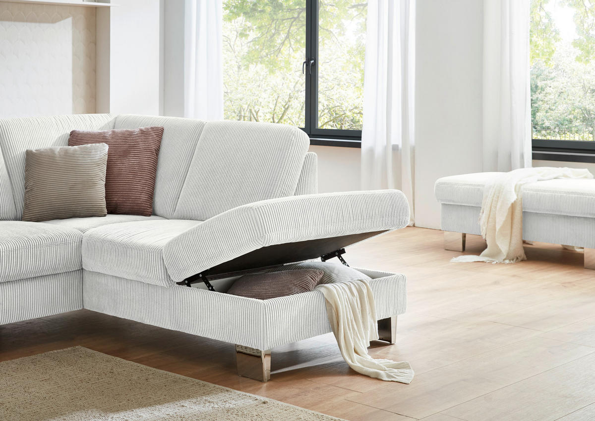 ECKSOFA in Cord Ecru  - Ecru/Edelstahlfarben, Konventionell, Textil/Metall (248/200cm) - Beldomo System