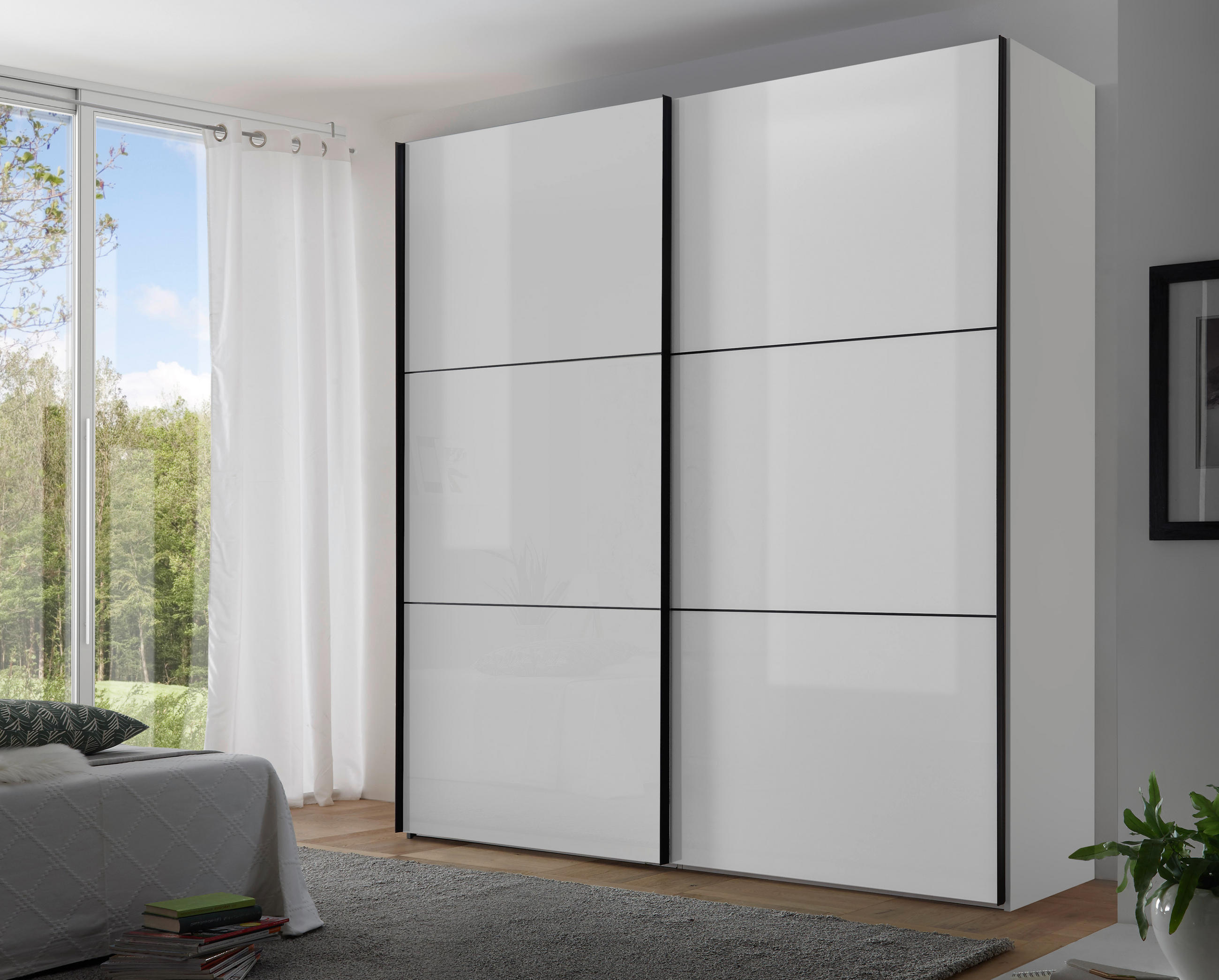 SCHWEBETÜRENSCHRANK in Weiss  - Weiss/Schwarz, Konventionell, Glas/Holzwerkstoff (200/222/68cm) - Moderano