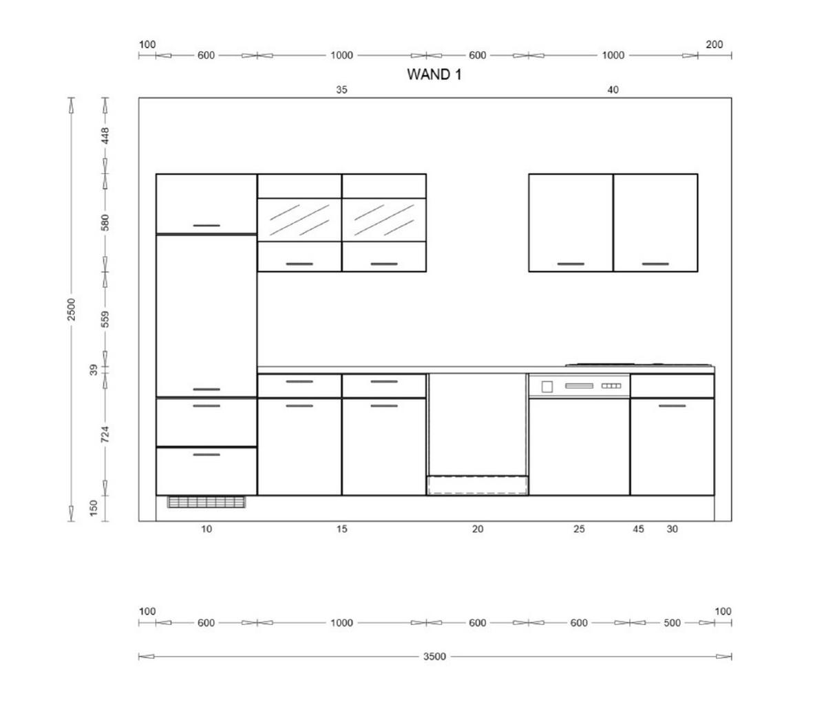 KÜCHENLEERBLOCK 330 cm   in Hellgrau, Dunkelgrau  - Edelstahlfarben/Dunkelgrau, KONVENTIONELL, Glas/Holzwerkstoff (330cm) - Burger