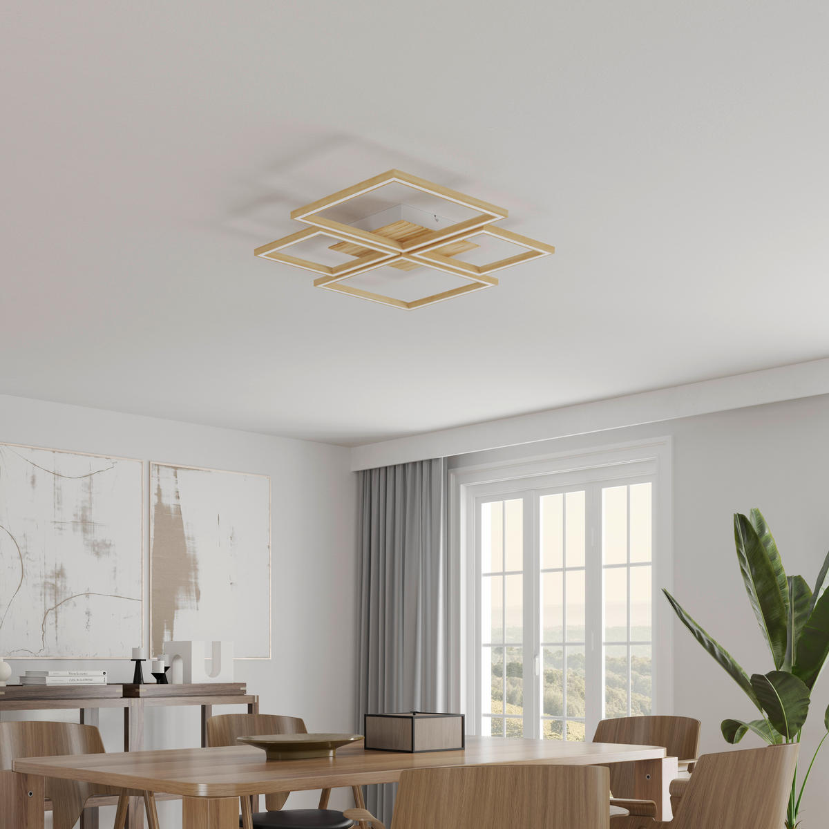 STROPNÉ LED SVIETIDLO, 75,5/75,5/5 cm - biela, Lifestyle, kov/drevo (75,5/75,5/5cm) - Novel