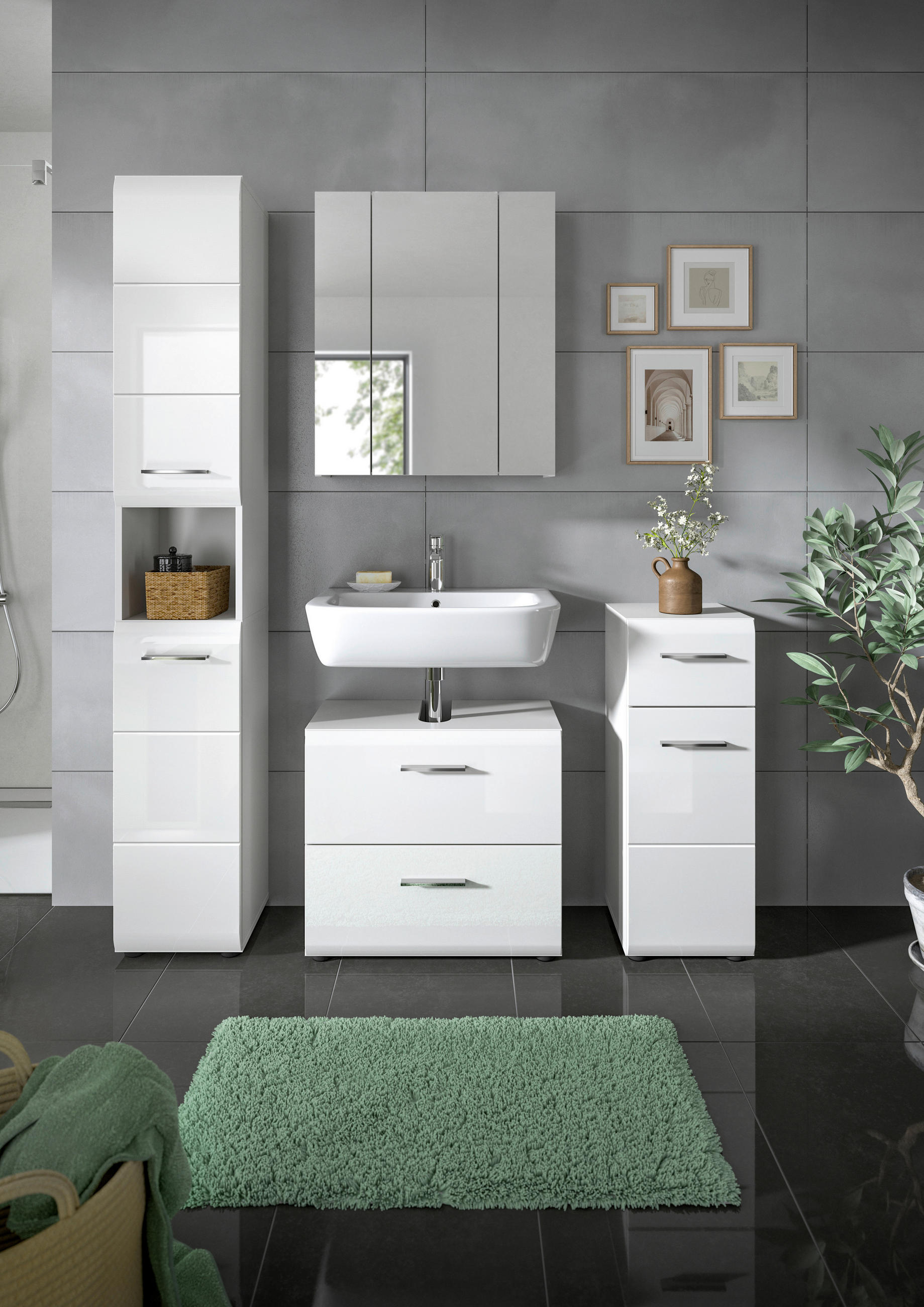 BADEZIMMER 4-teilig  in 120 cm  - Weiß Hochglanz/Silberfarben, MODERN, Holzwerkstoff/Kunststoff (120cm) - MID.YOU