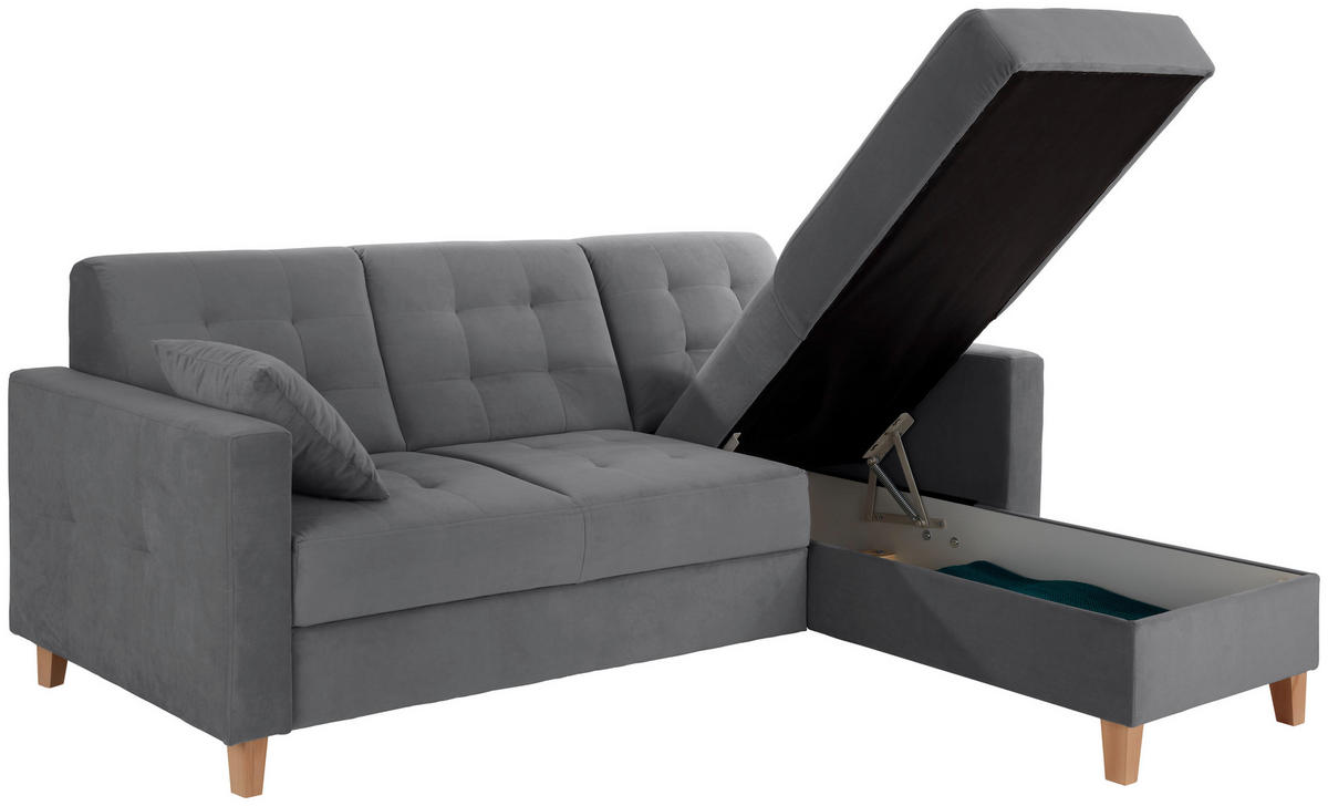 ECKSOFA Samt Dunkelgrau  - Dunkelgrau/Naturfarben, Design, Holz/Textil (231/160cm) - Livetastic