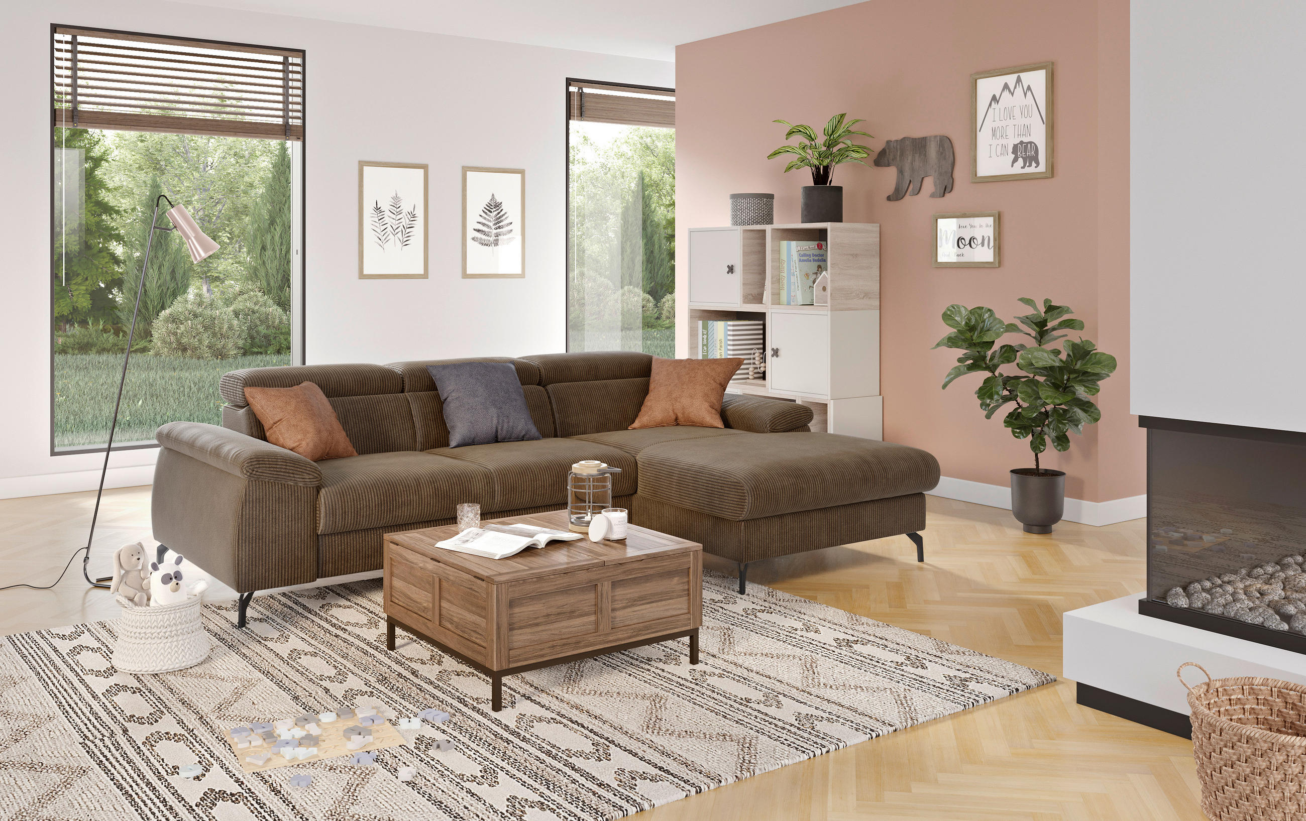 ECKSOFA in Cord Braun  - Schwarz/Braun, Design, Textil/Metall (244/166cm) - Livetastic