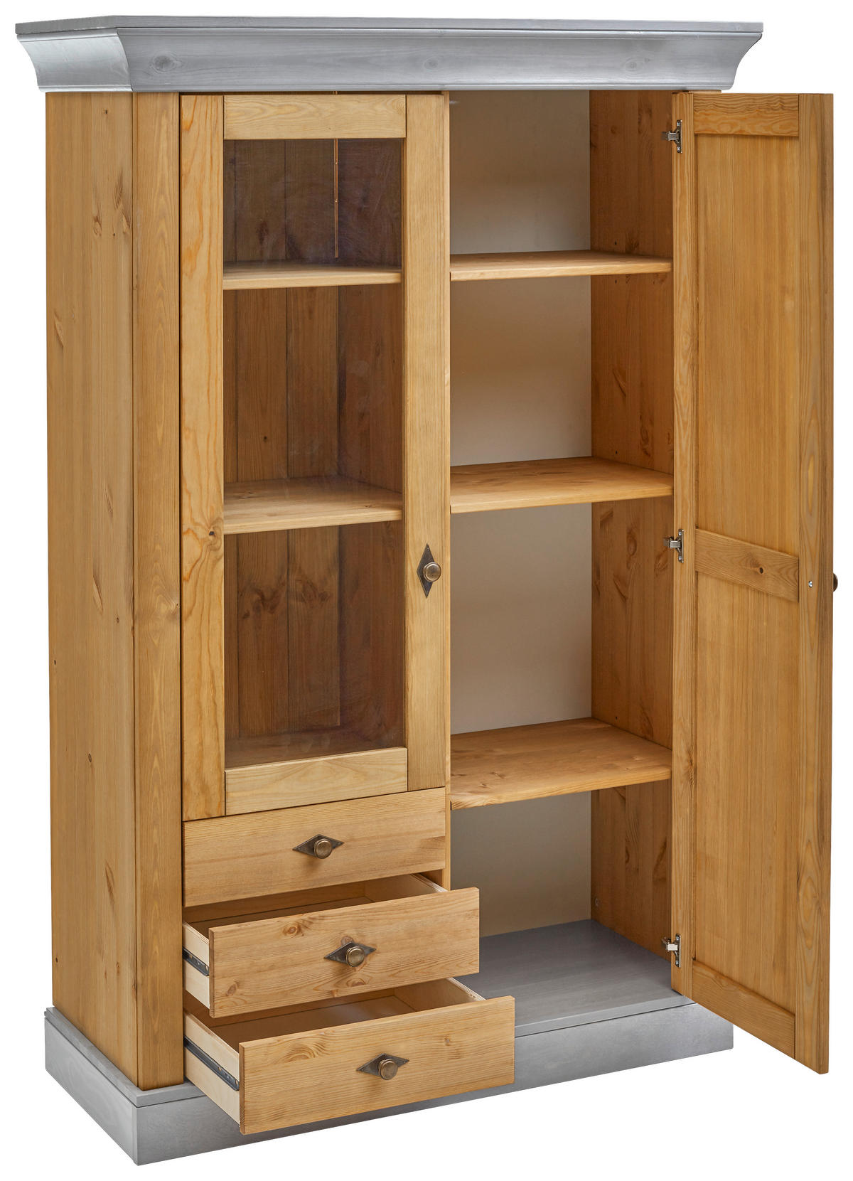 VITRINE  in massiv Kiefer Grau, Laugenfarbig  - Laugenfarbig/Grau, ROMANTIK / LANDHAUS, Glas/Holz (108/163/45cm) - Boxxx