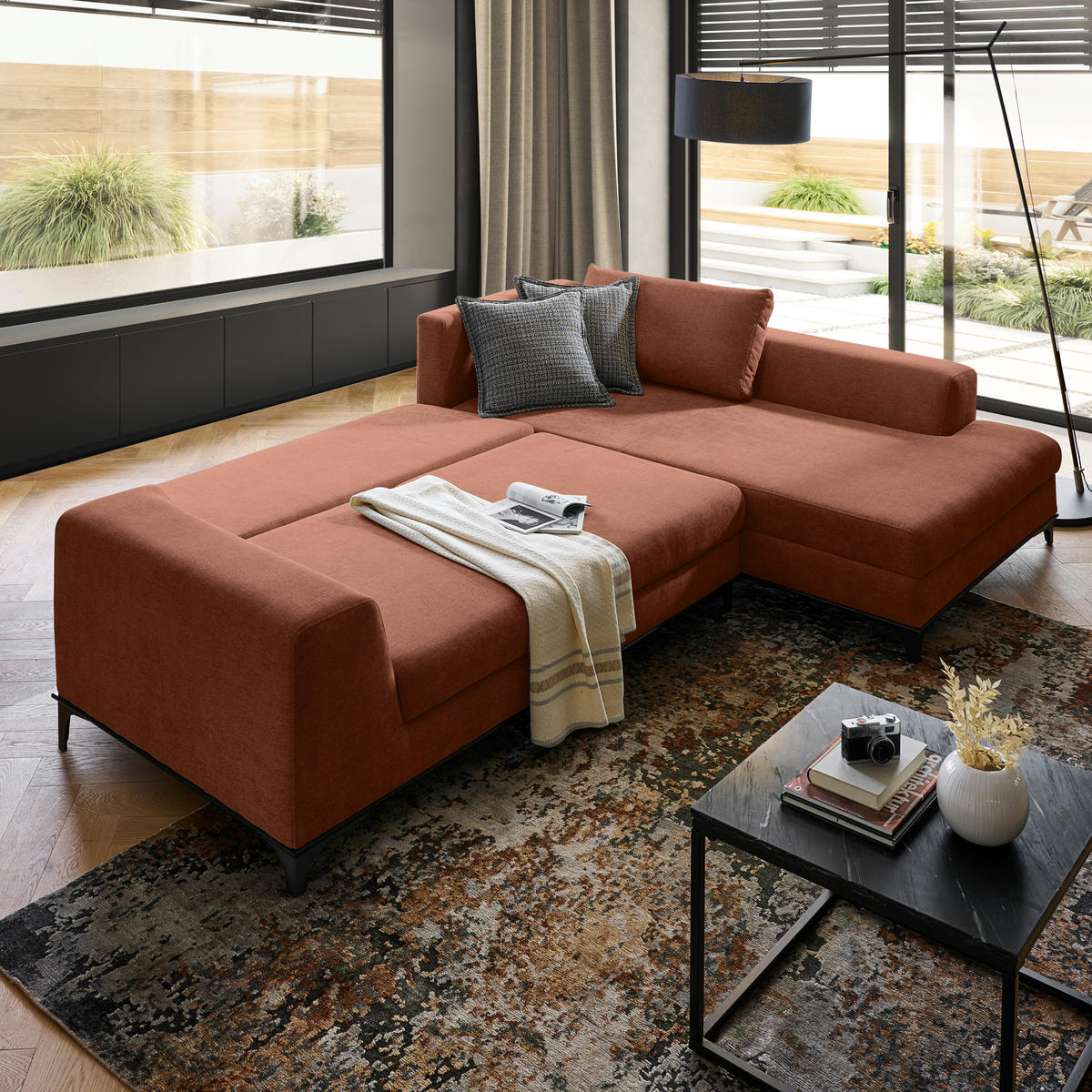 ECKSOFA inkl. Funktionen Terracotta Webstoff Rückenkissen, Bettkasten, Schlaffunktion, Rücken echt  - Wengefarben/Terracotta, Design, Holz/Textil (314/211cm) - Stylife