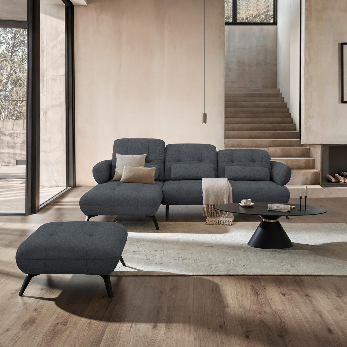 ECKSOFA Chenille Dunkelgrau  - Dunkelgrau/Schwarz, Modern, Textil/Metall (180/282cm) - Novel