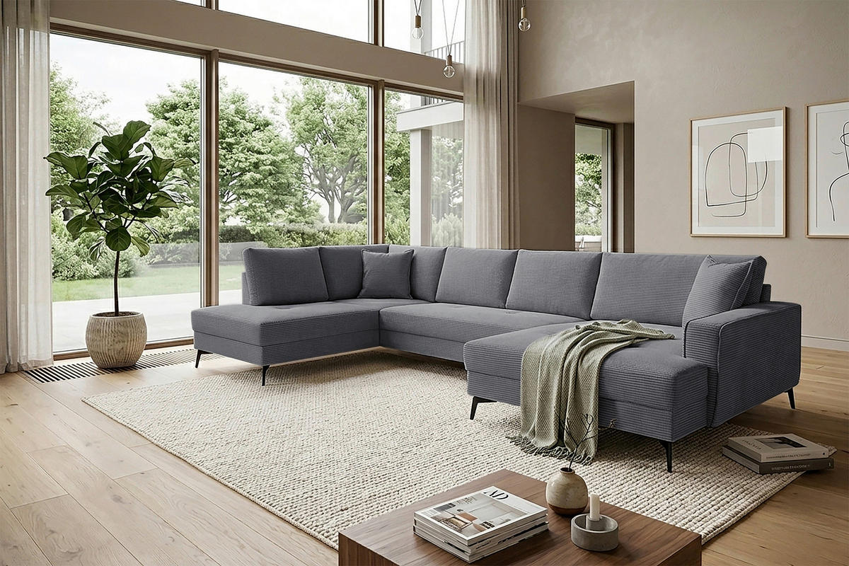 WOHNLANDSCHAFT ZERO Dunkelgrau Cord  - Dunkelgrau/Schwarz, Trend, Textil/Metall (195/362/173cm) - Livetastic