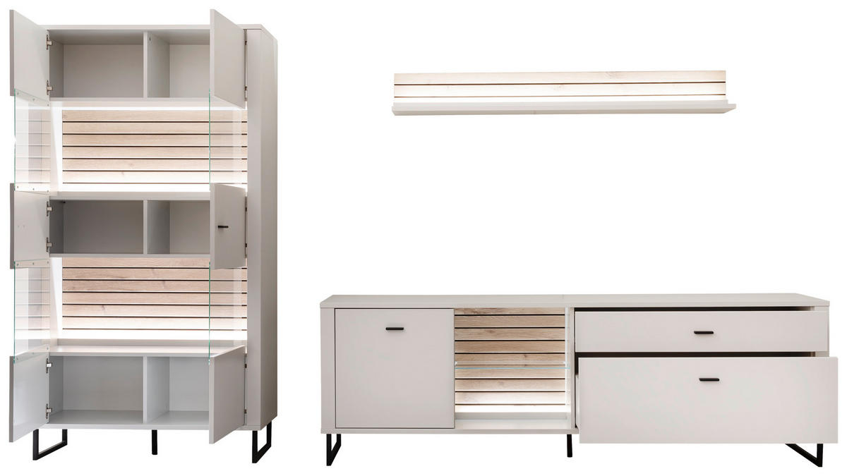WOHNWAND  in Weiss, Eichefarben 326/185/44 cm  - Weiss/Eichefarben, Design, Glas/Holzwerkstoff (326/185/44cm) - Stylife